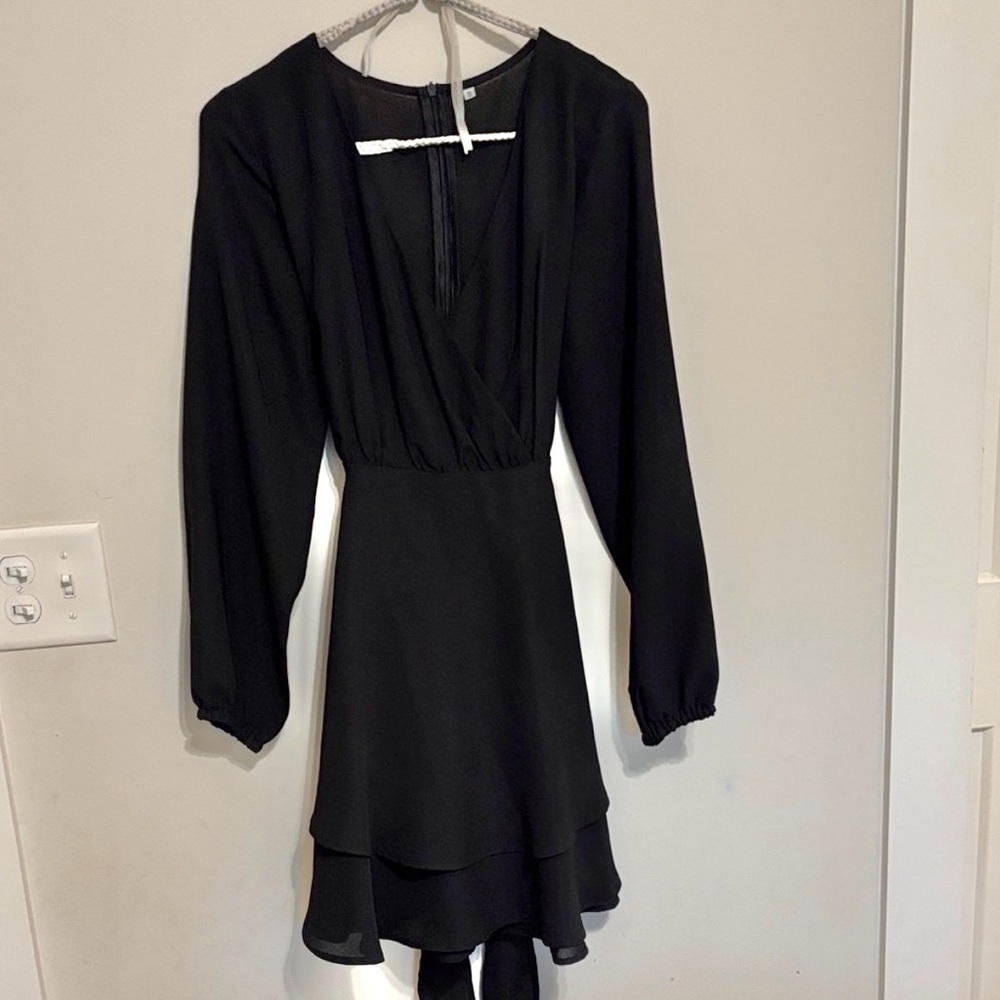 Black Long-Sleeve V-Neck Tiered Mini Dress